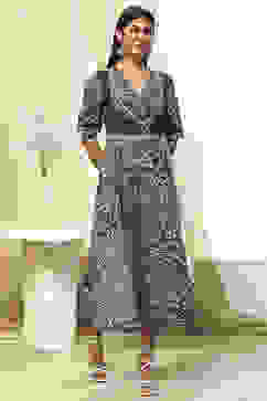 Indigo Cotton Printed Flared Wrap Dress image number 5