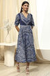 Indigo Cotton Printed Flared Wrap Dress image number 5