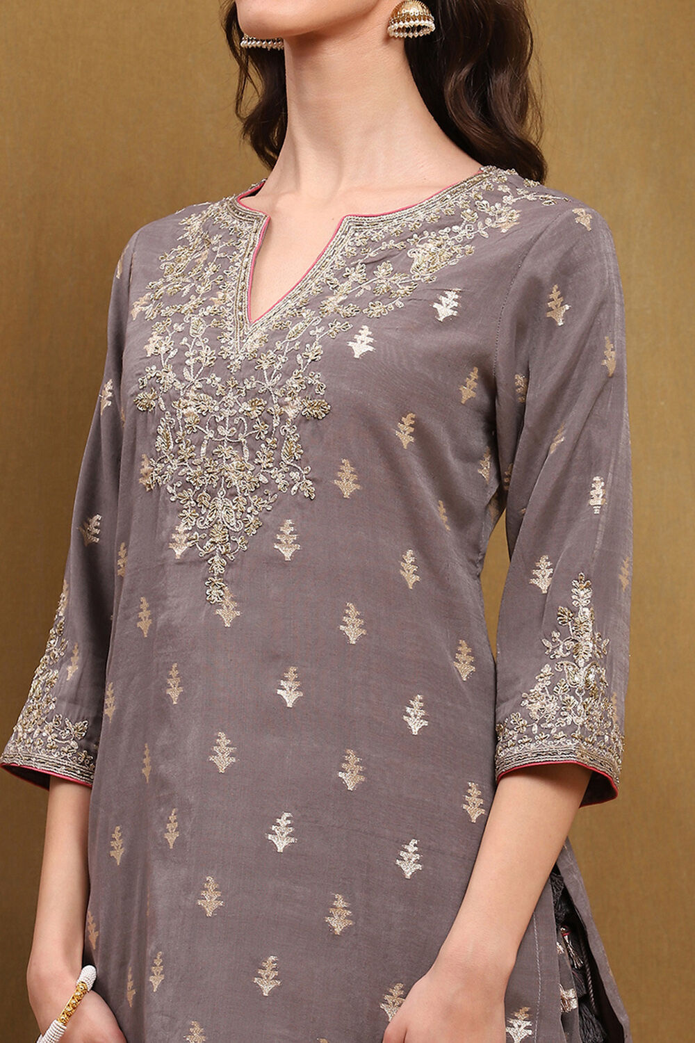 Grey Brocade Embroidered Festive Skirt Set image number 1