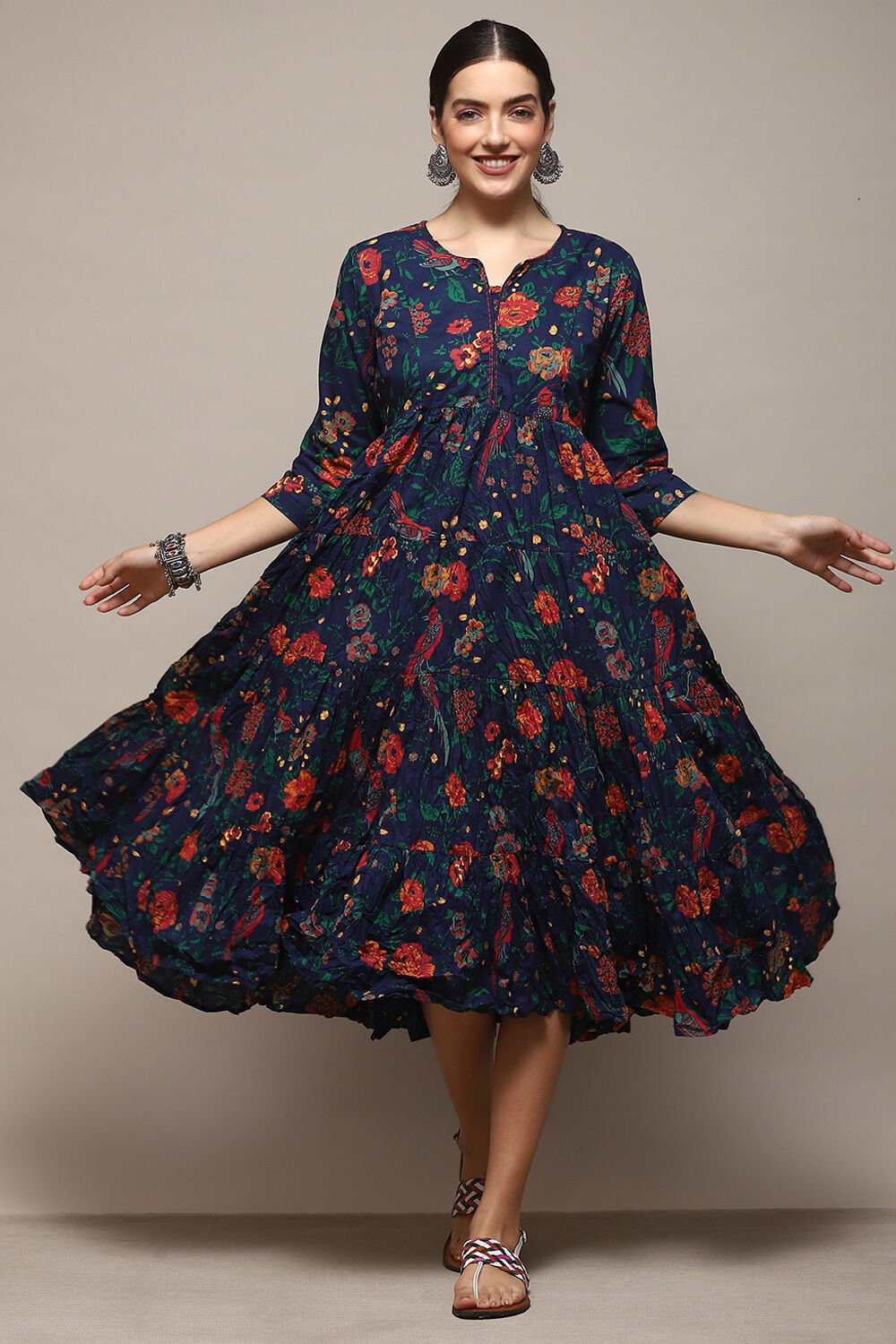 Green & Maroon Cotton Flared Printed Dress image number 0