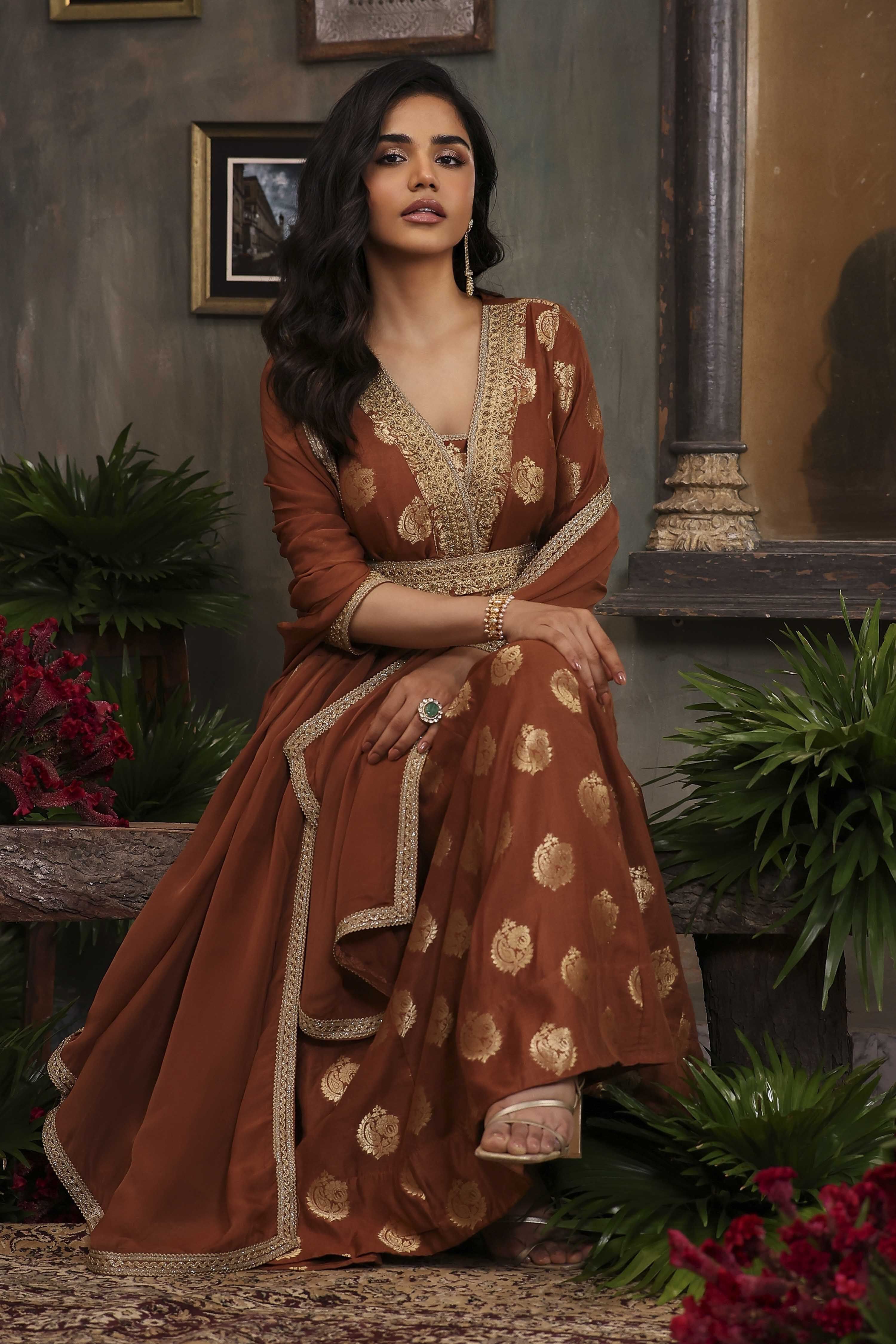 Brown Pure Banarasi Brocade Kalidar Suit Set image number 0