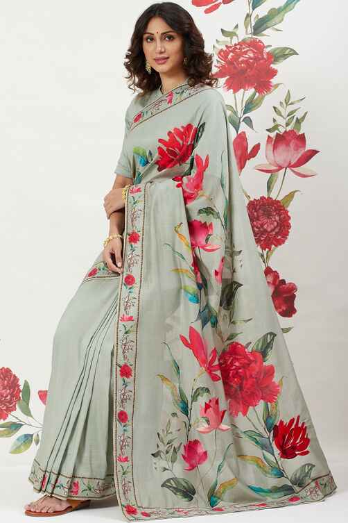 Rohit Bal Off White Chanderi Silk Printed Saree With Blouse image number 0
