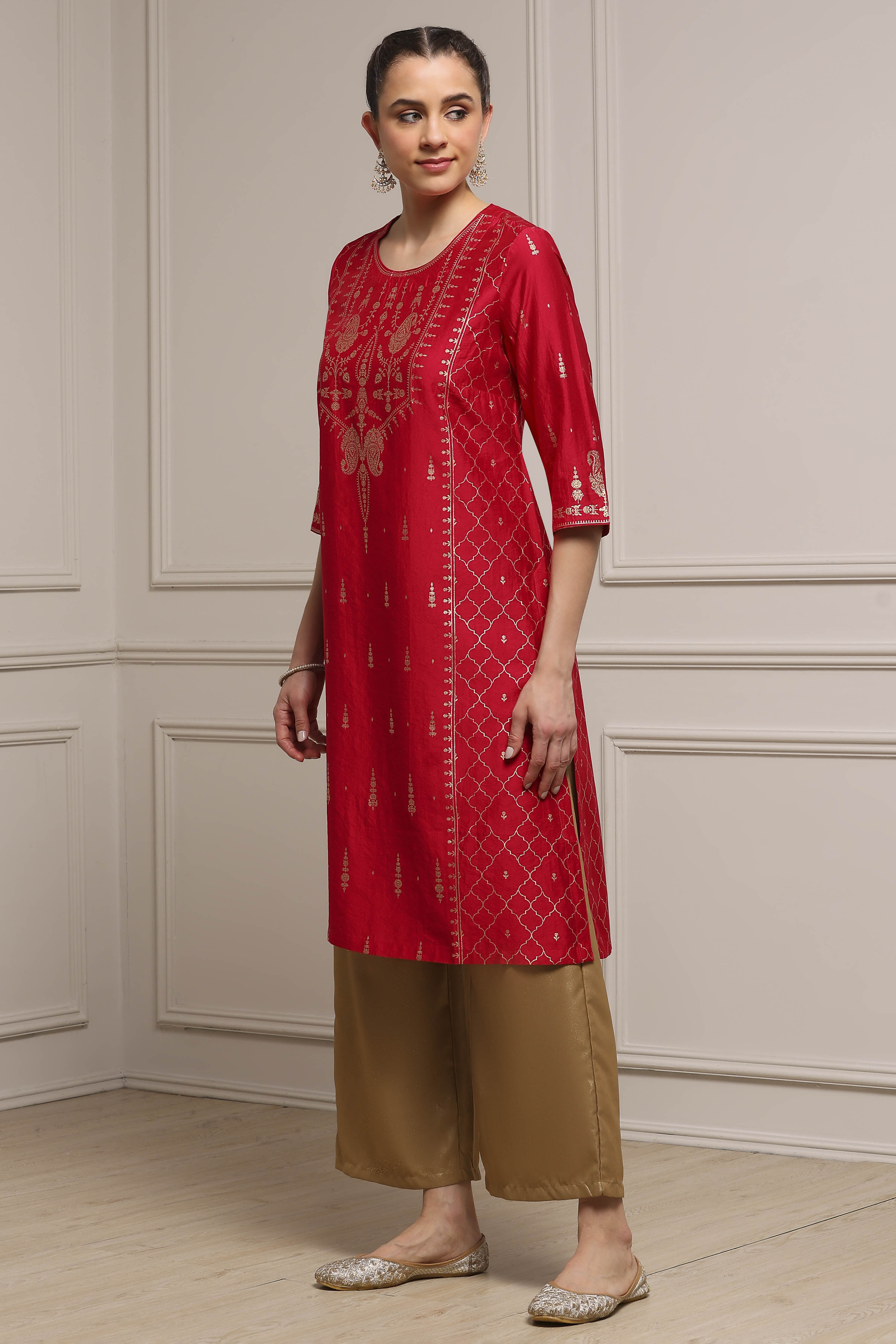 Red Art Silk Printed Straight Kurta image number 2
