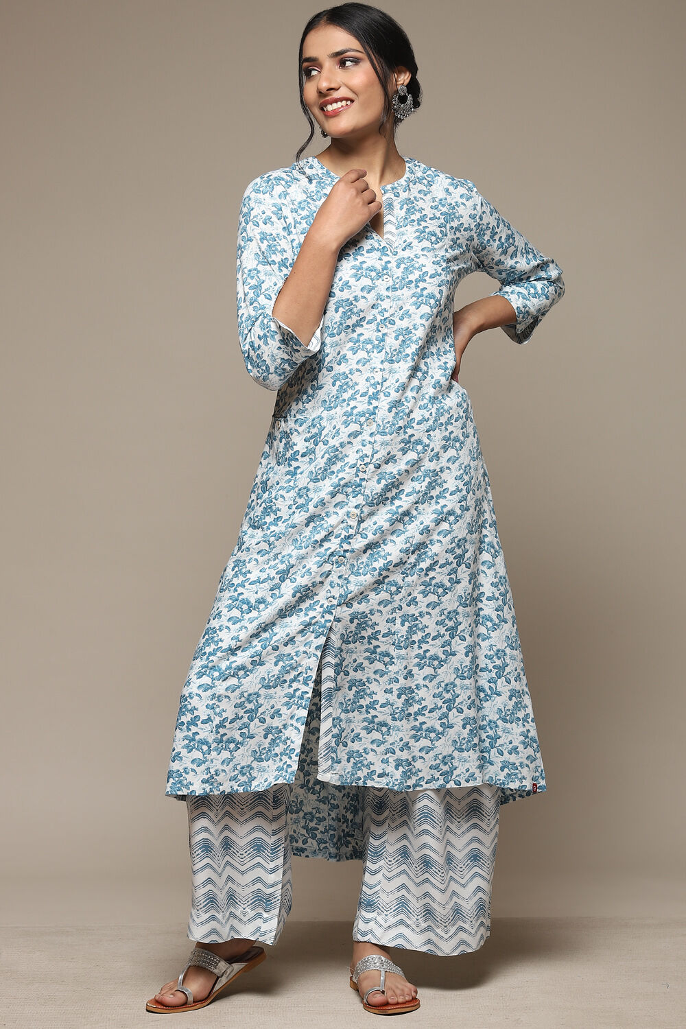 White & Blue Rayon Straight Kurta Palazzo Suit Set image number 6
