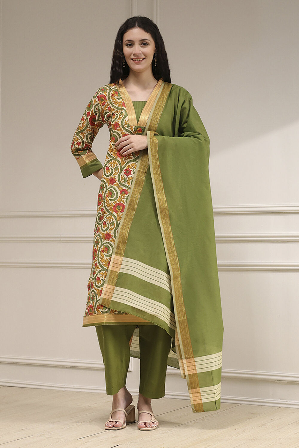 Coral Cotton Printed Embroidered Unstitched Suit Set image number 1