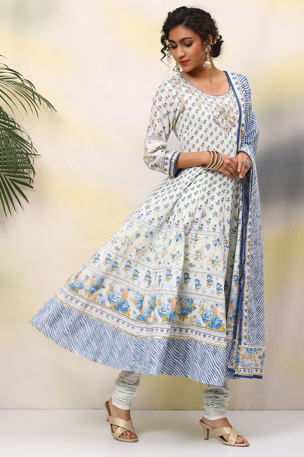 Ivory Cotton Anarkali Kurta Churidar Suit Set image number 6