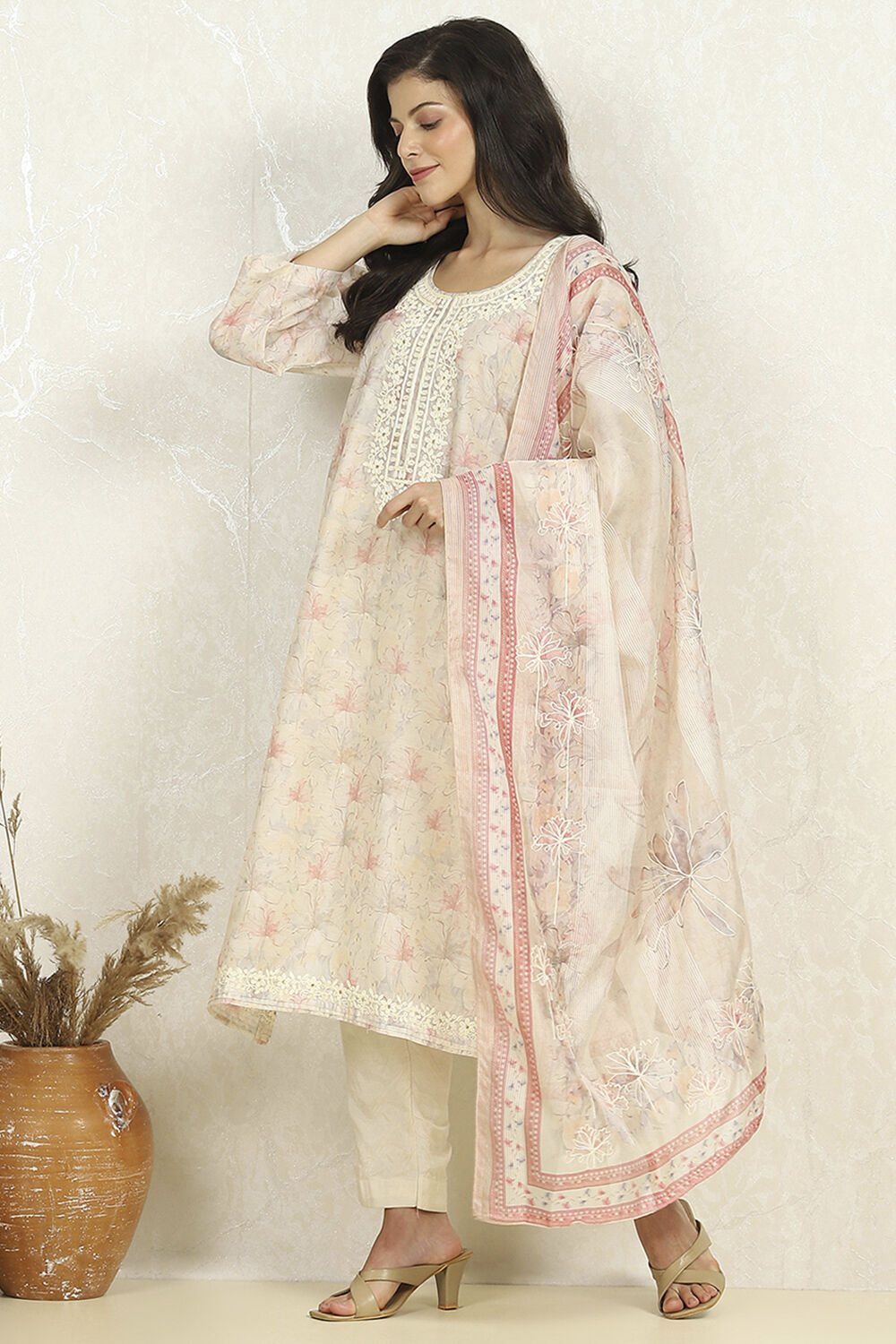 Beige Chanderi Unstitched Suit Set image number 1