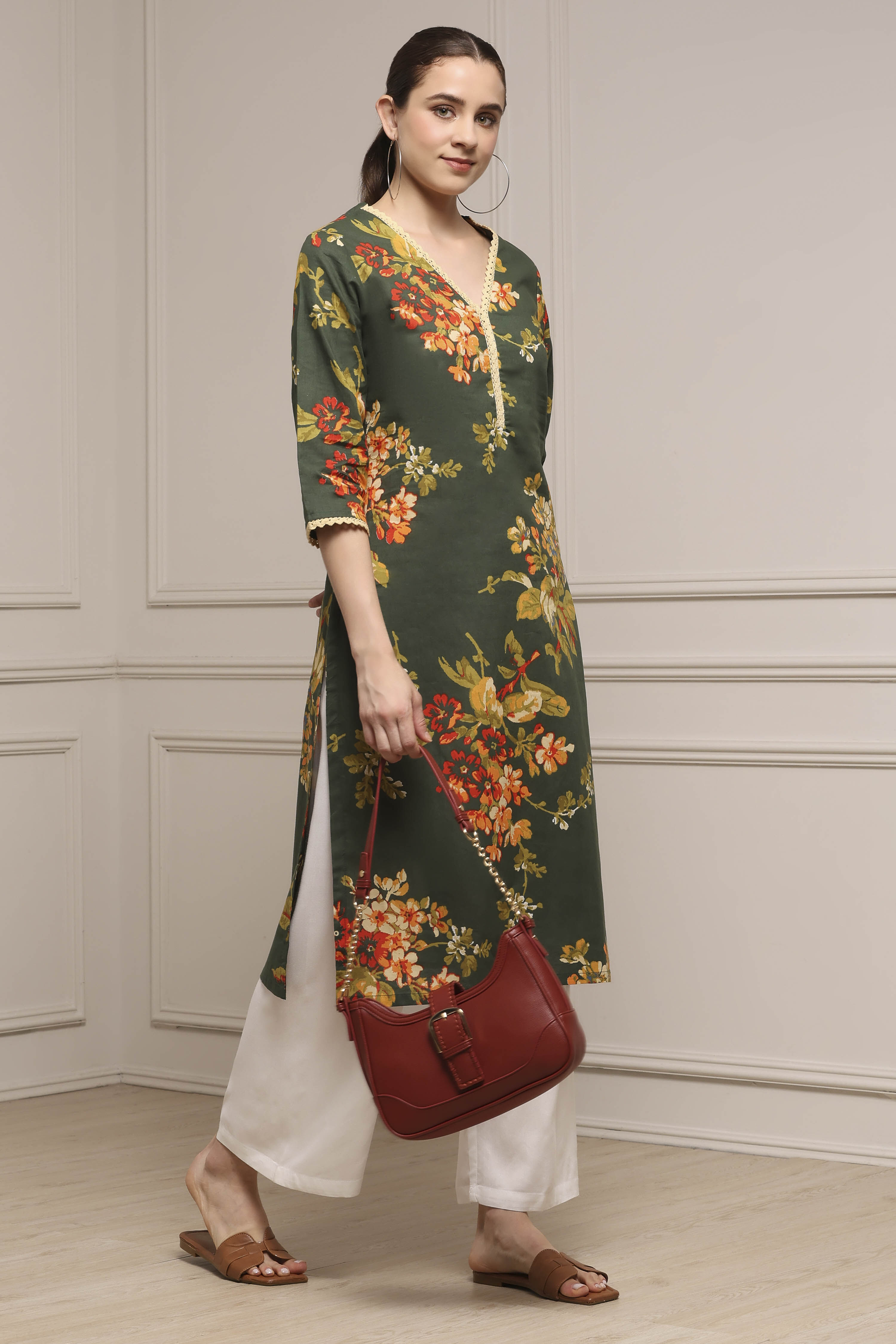 Olive Green Cotton Straight Printed Kurta image number 5