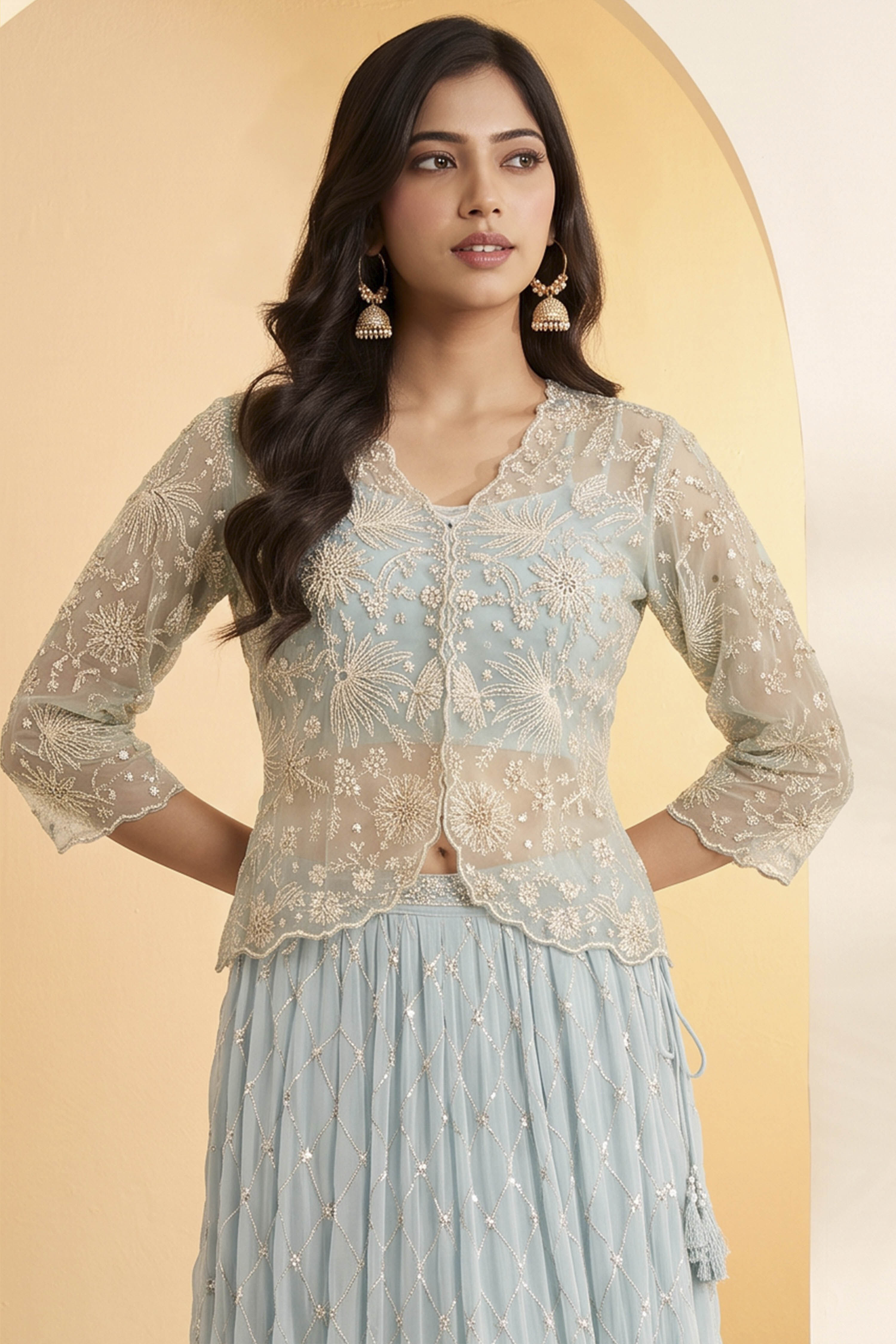 Powder Blue Embroidered Kalidar Fusion Set image number 1