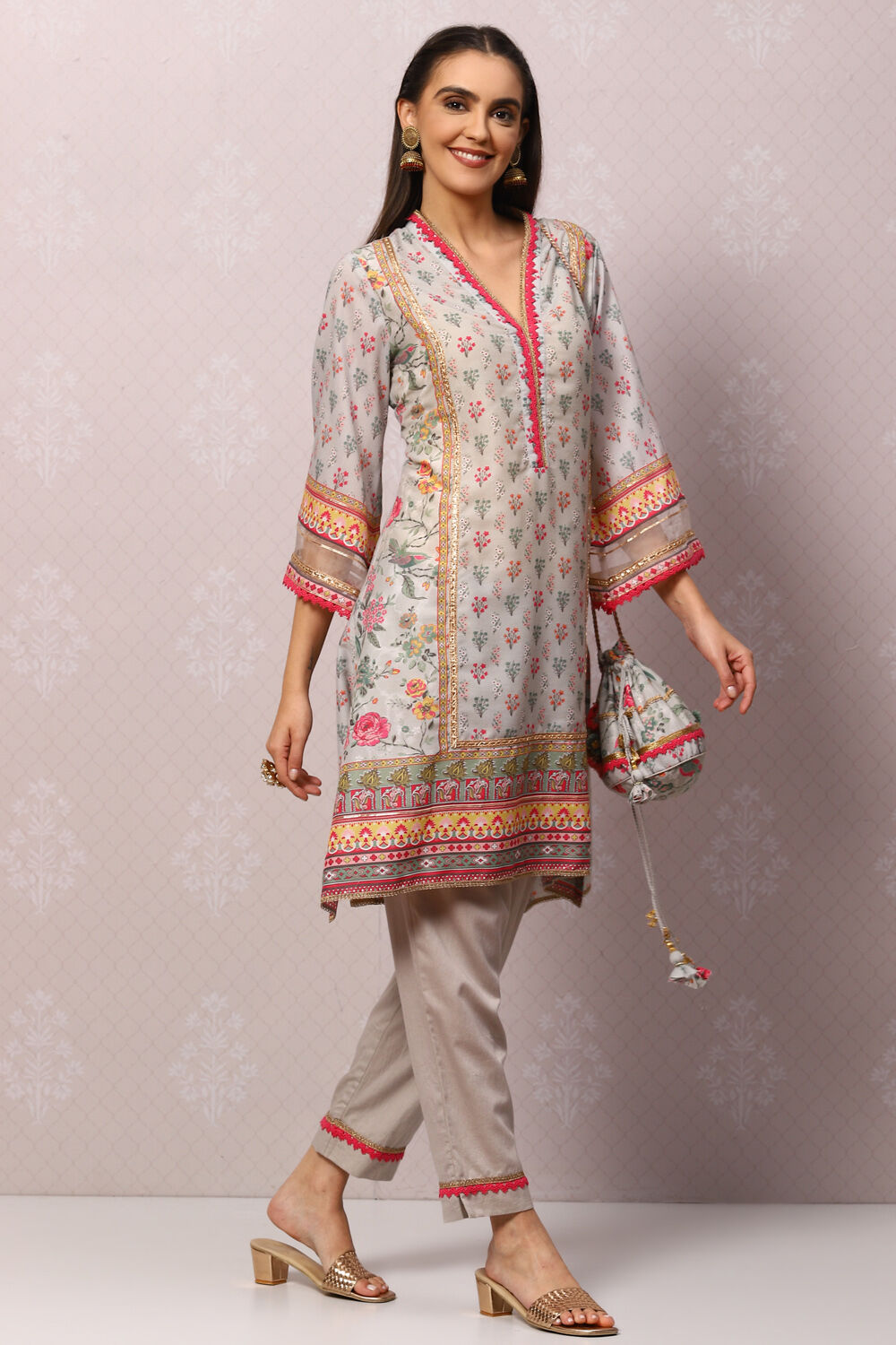 Grey Art Silk Straight Kurta Slim Pant Suit Set image number 0