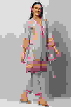 Grey Art Silk Straight Kurta Slim Pant Suit Set image number 0