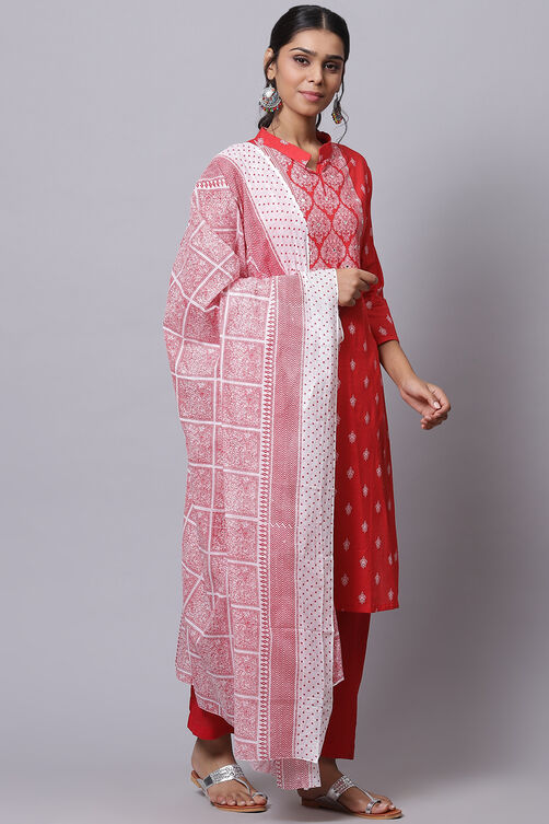 Red Cotton Unstitched Dress Material Suit Set image number 3