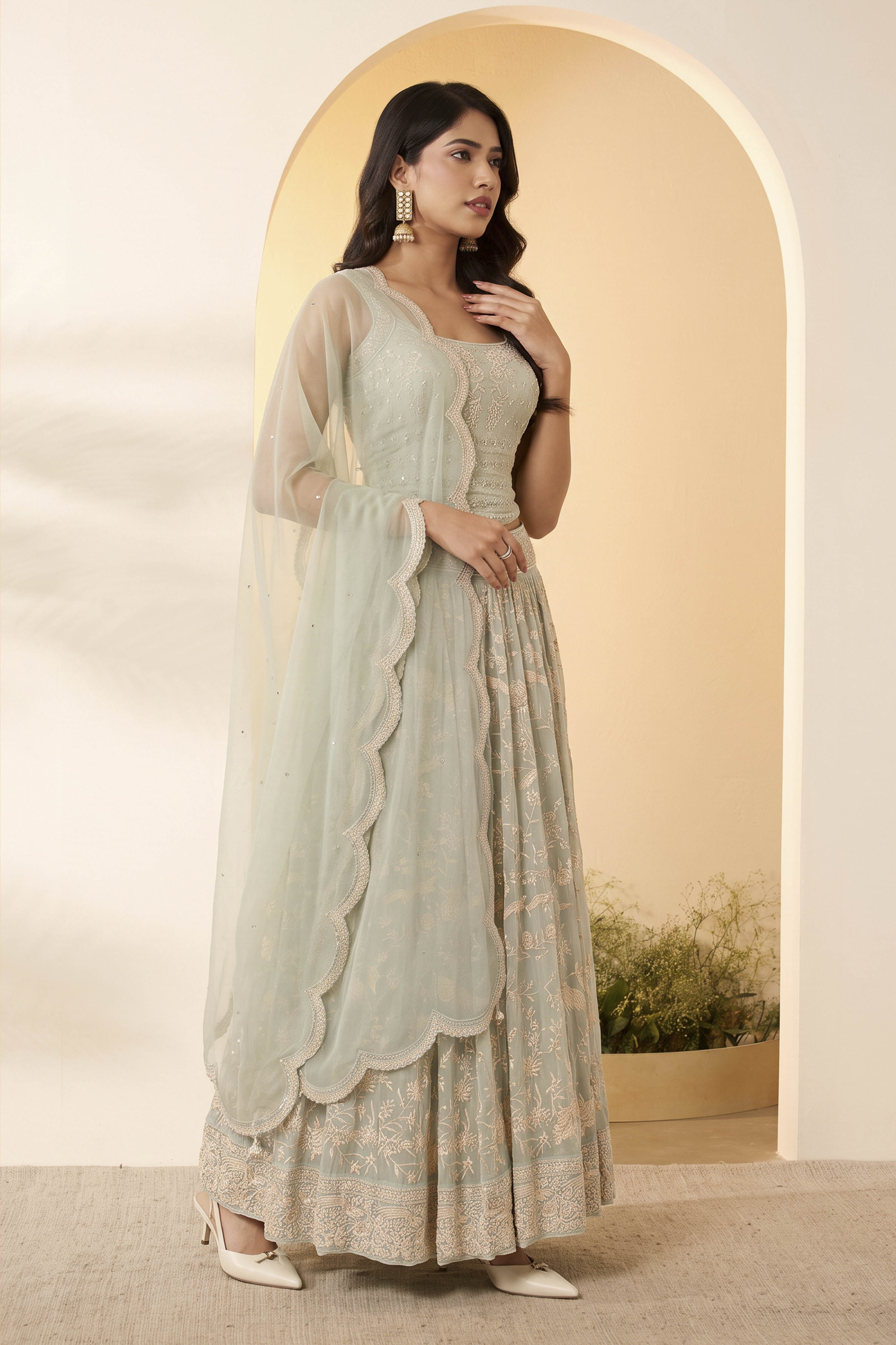 Turquoise Polyester Straight Lehenga Set image number 3