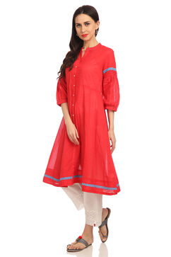 Red A-Line Cotton Solid Kurta image number 0