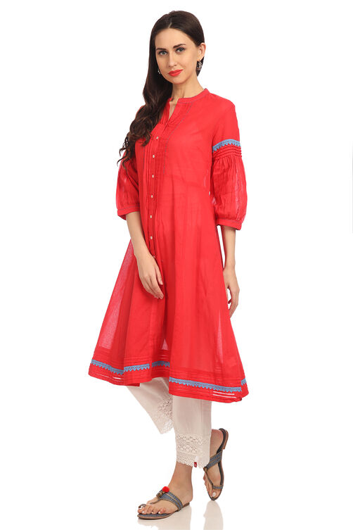 Red A-Line Cotton Solid Kurta image number 0