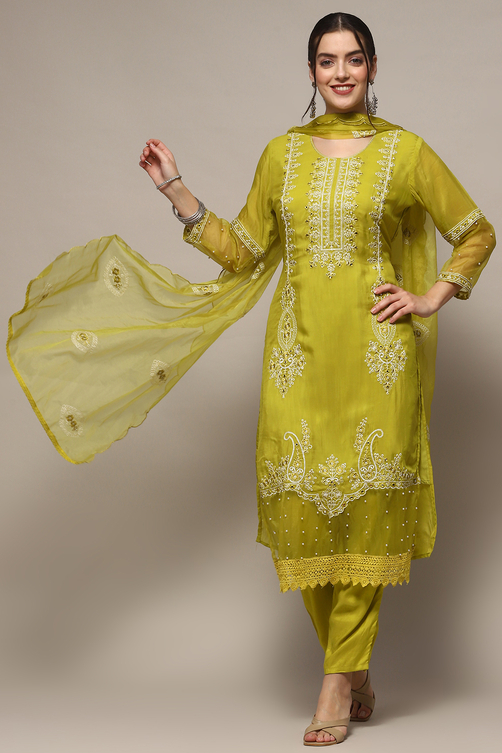 Lime Organza Unstitched Suit set image number 8