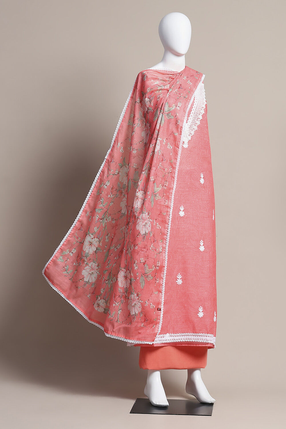 Salmon Pink Linen Digital Print Unstitched Suit Set image number 0