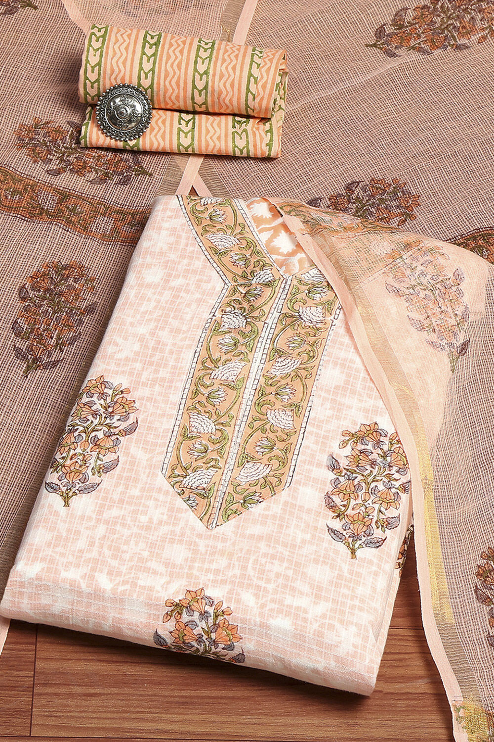 Coral Cotton Hand Block Print Unstitched Suit Set image number 0