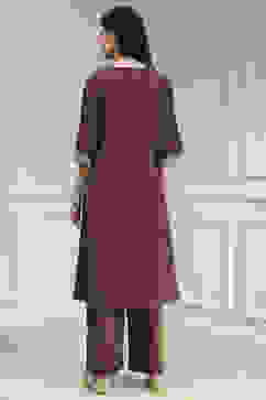 Wine Embroidered Straight Suit Set image number 4