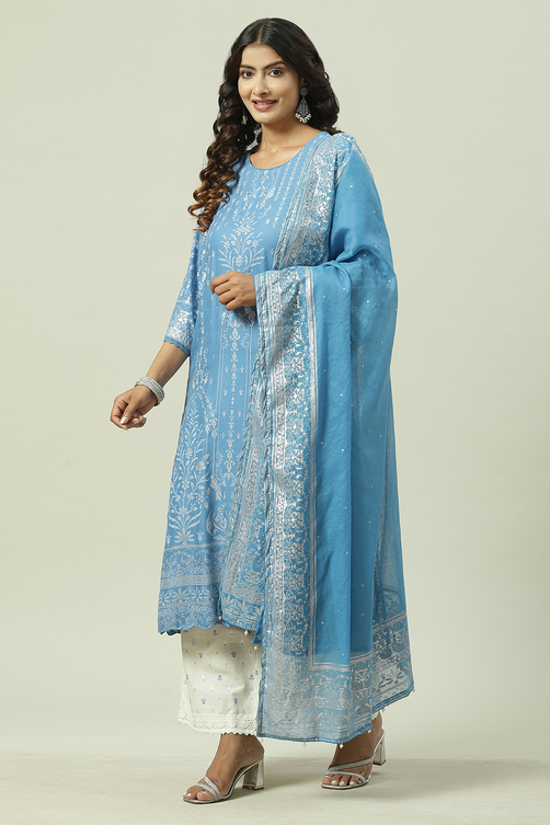 Blue LIVA Straight Kurta Palazzo Suit Set image number 0
