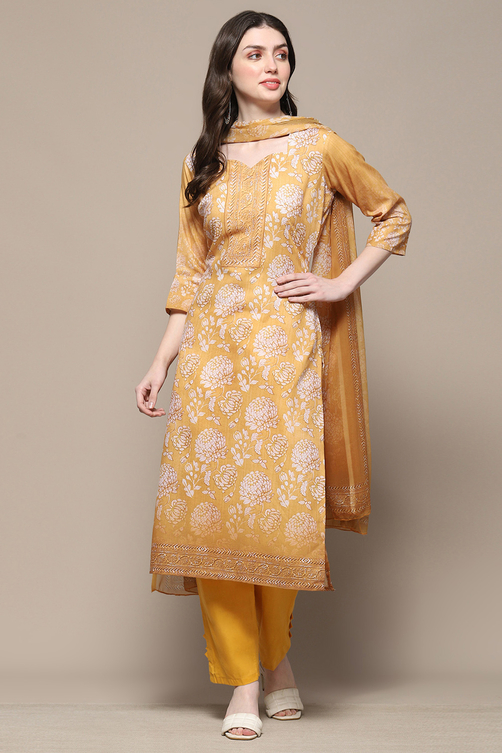 Mustard Cotton Blend Digital Print Unstitched Suit Set image number 8