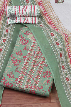 Green Cotton Screen Print Unstitched Suit Set image number 0