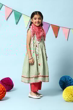 Green Cotton Flared Kurta Straight Palazzo Suit Set image number 6