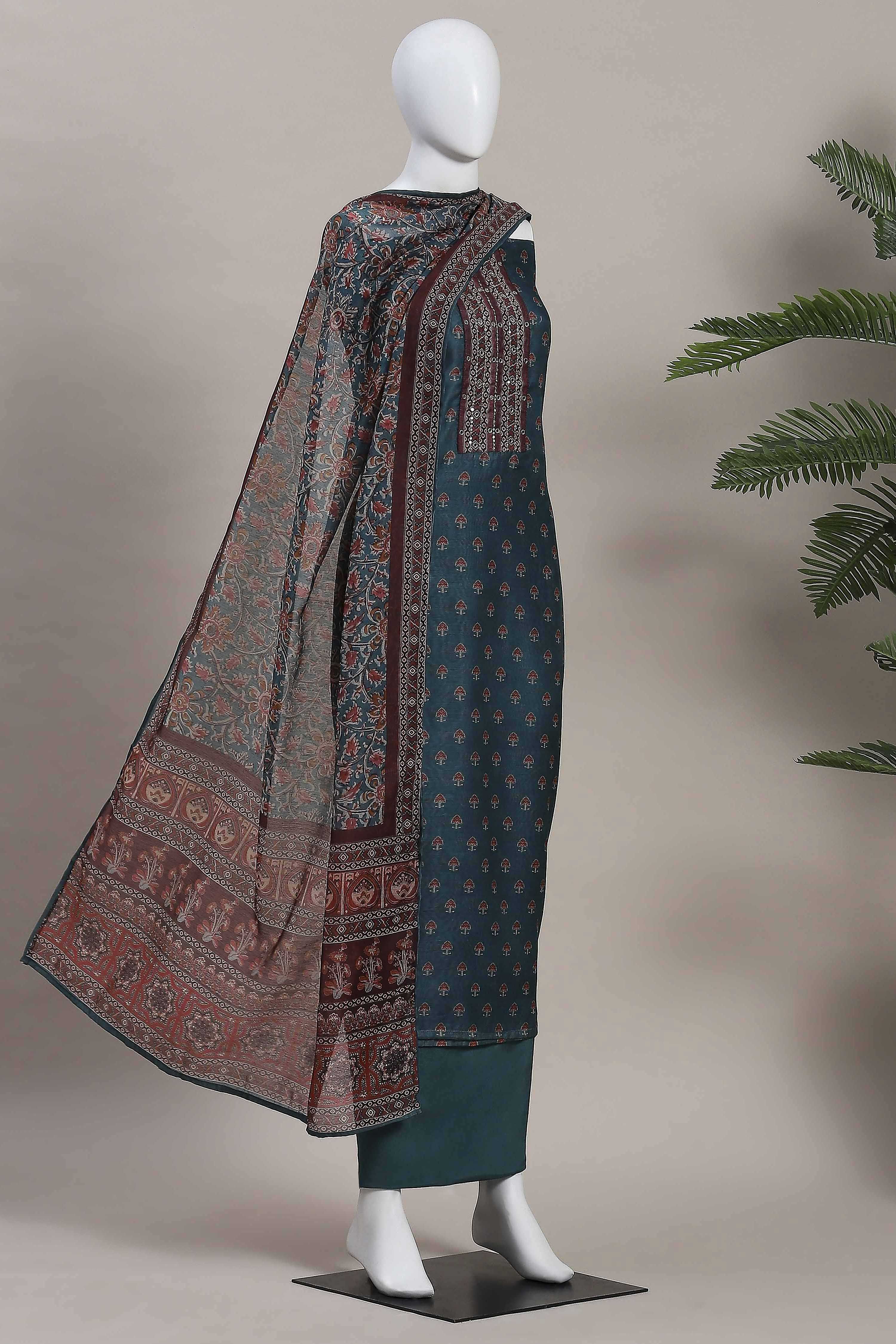 Teal Blue Chanderi Rajasthani Print Unstitched Suit Set image number 4