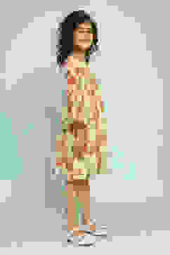 Beige Floral Printed Gathered Flared Dress image number 4