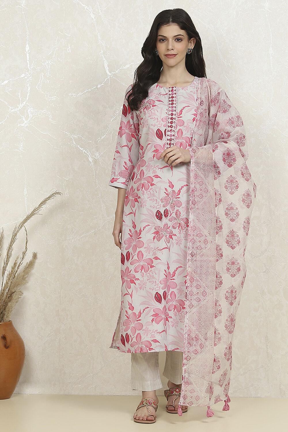 Pink and White Cotton Printed Unstitched Suit Set image number 7