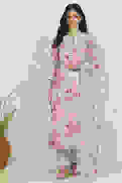 Pink and White Cotton Printed Unstitched Suit Set image number 7