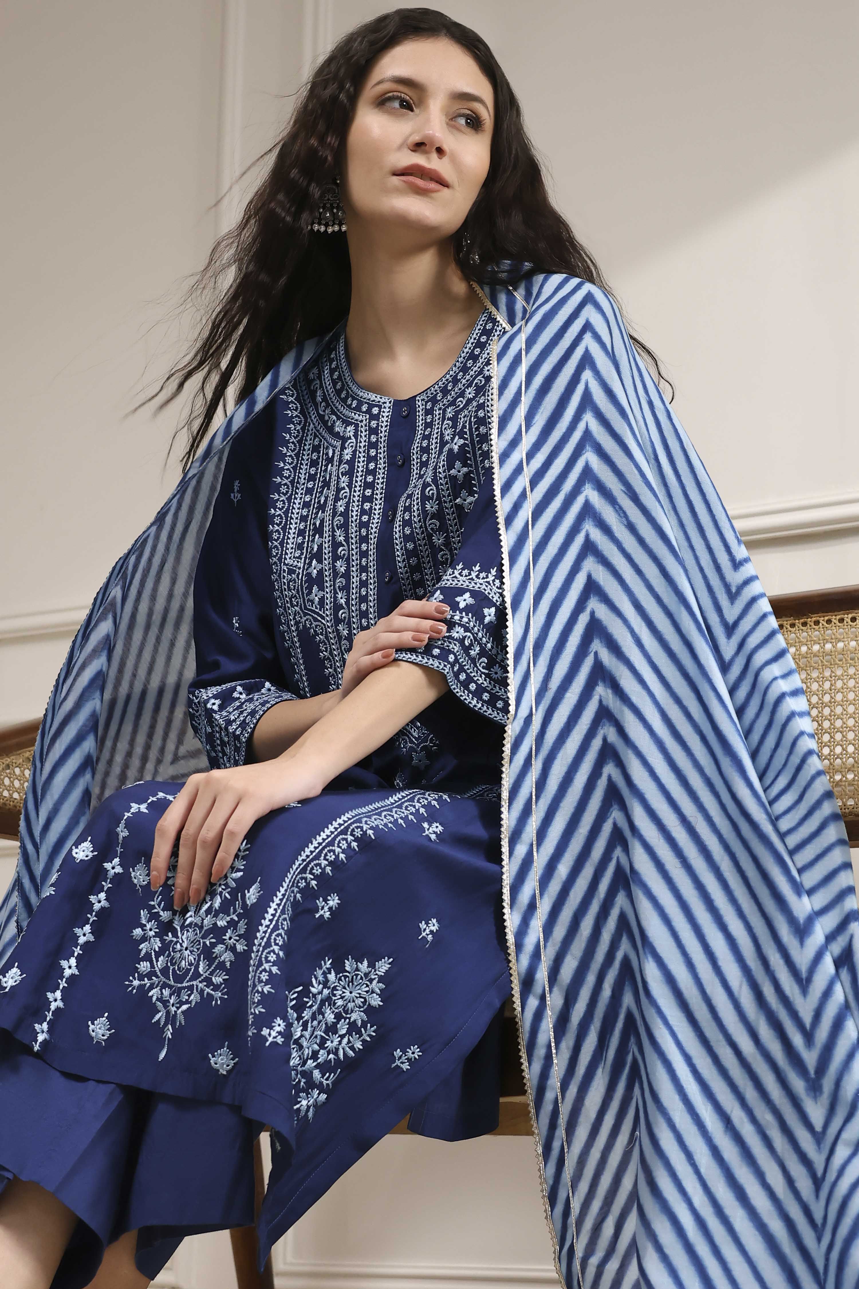 Blue Dyed Printed Straight Suit Set image number 0