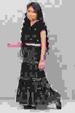 Black Art Silk Printed Short Top Lehenga Set image number 0