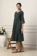 Green Cotton Solid Pleated A-Line Kurta image number 0