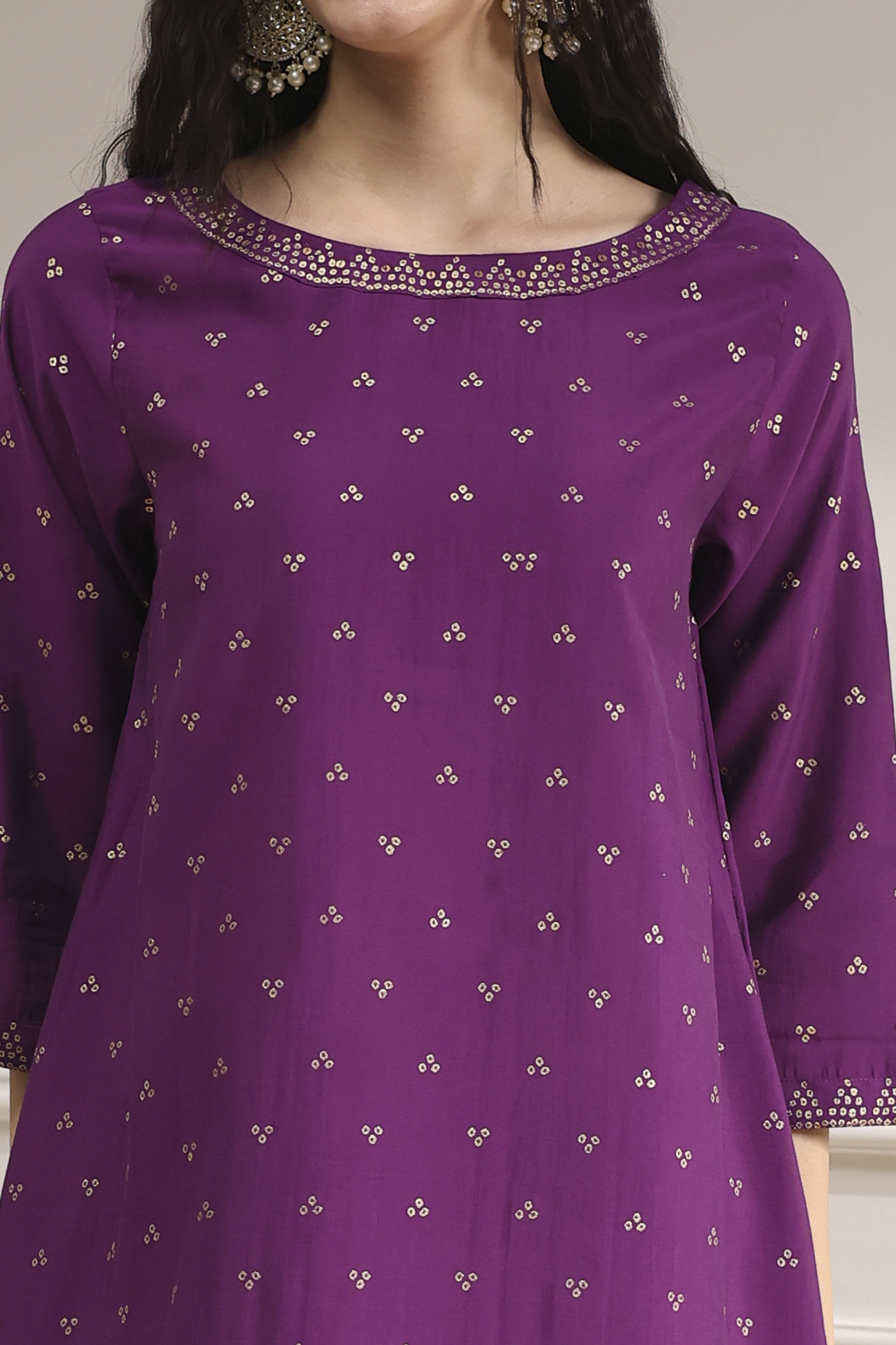 Purple Polyseter Blend Straight Printed Fusion Set image number 1