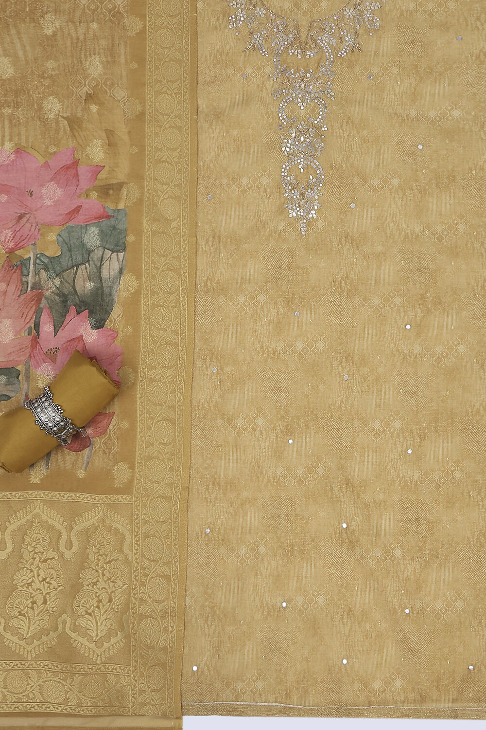 Mustard Yellow Chanderi Printed Unstitched Suit Set image number 1