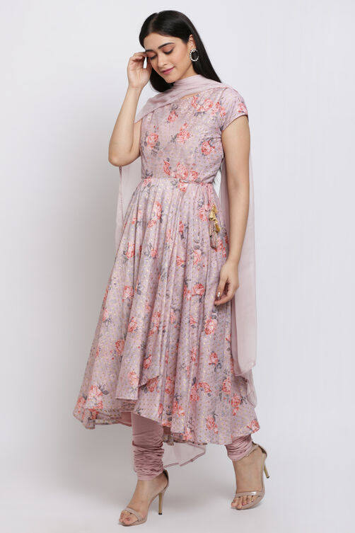 Dusky Rose Poly Metallic Anarkali Kurta Churidar Suit Set image number 4