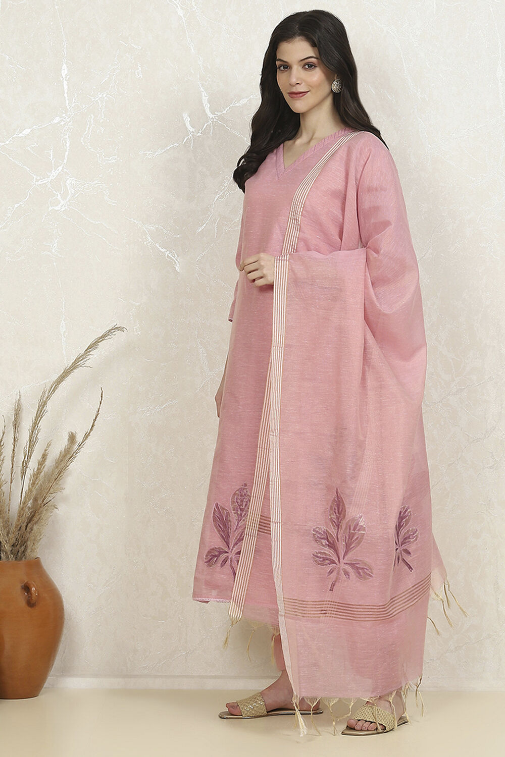 Pink Tissue Hand Embroidered Unstitched Suit Set image number 4