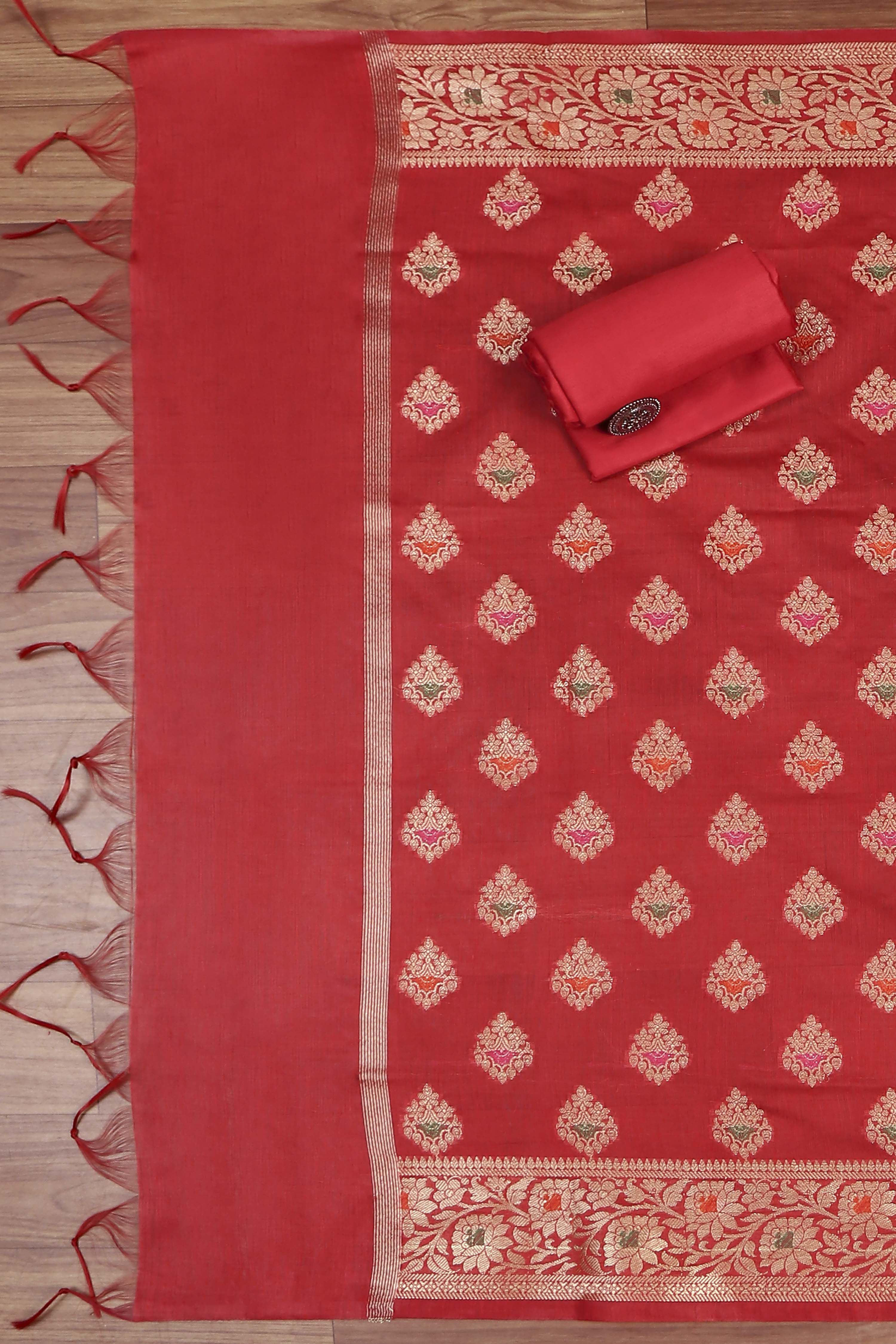 Red Cotton Printed Embroidered Unstitched Suit Set image number 3