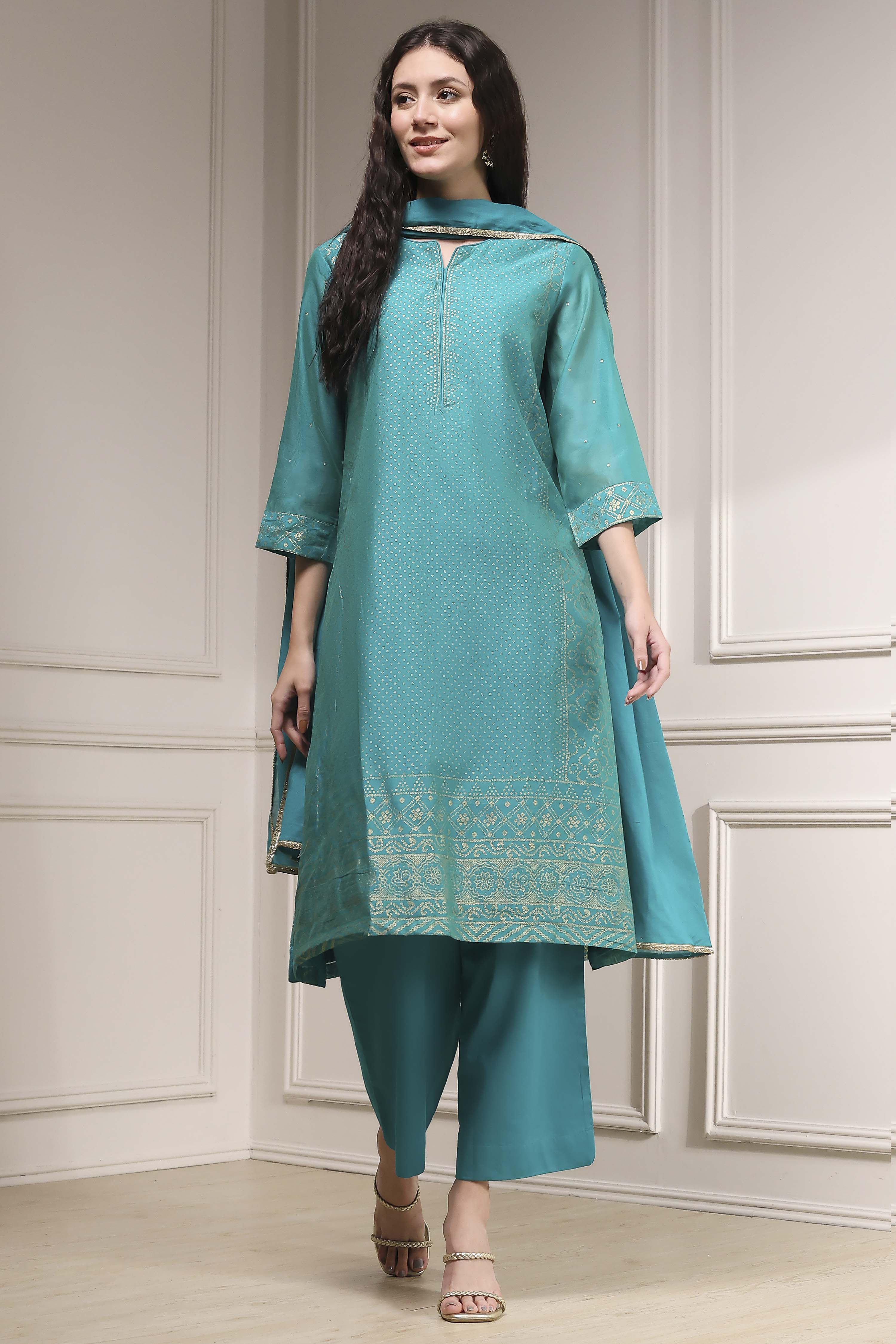 Turquoise Cotton Blend Printed Straight Suit Set image number 0