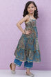 Blue Cotton Flared Printed Kurta Pant Set image number 3