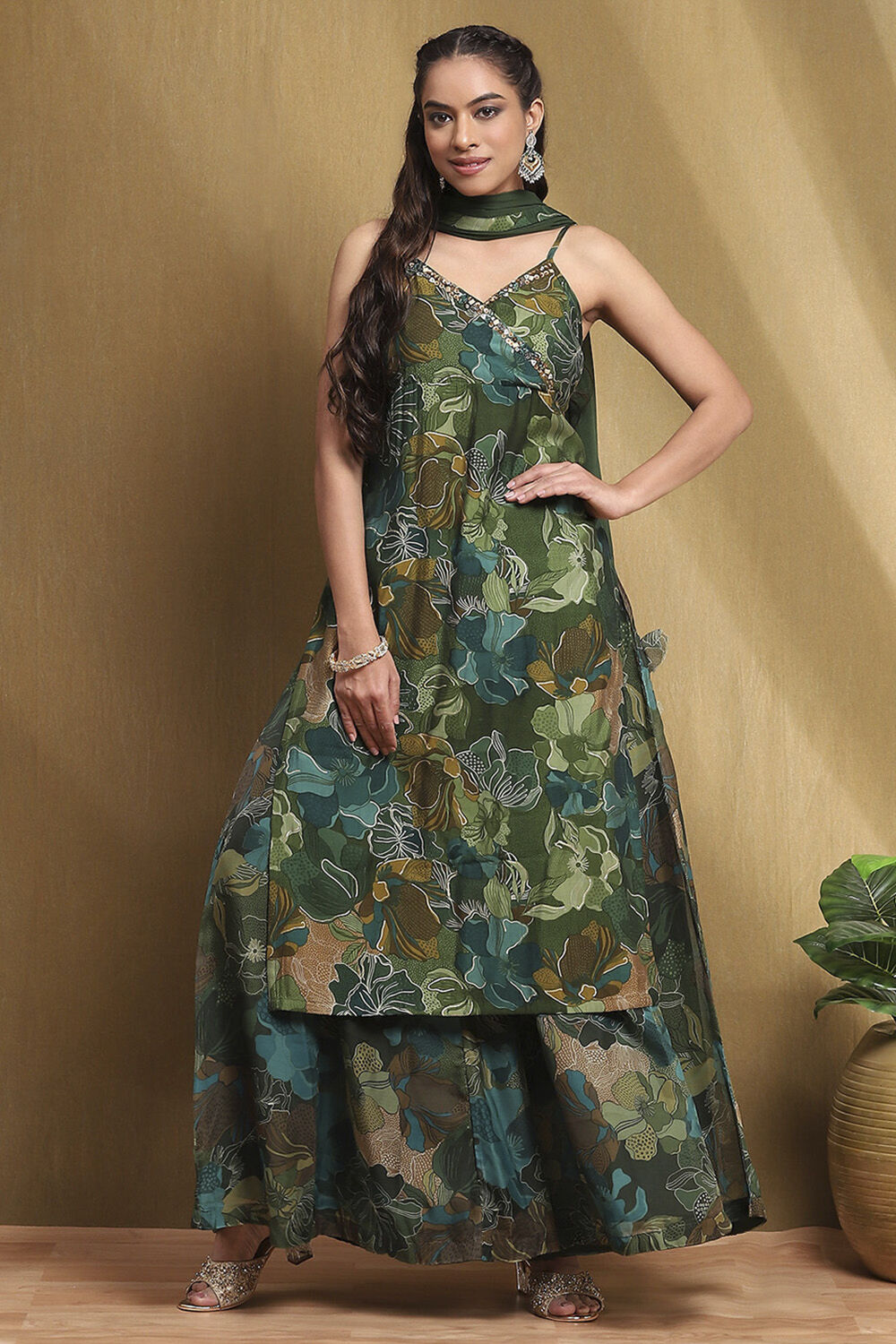Rust Floral Printed Straight Suit Set image number 6