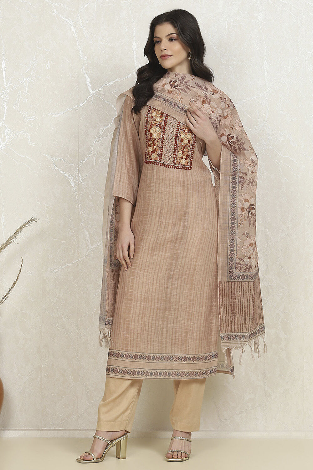 Beige Chanderi Hand Embroidered Unstitched Suit Set image number 1