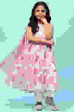 Off-White and Pink Poly Chiffon Floral Tiered Suit Set image number 0