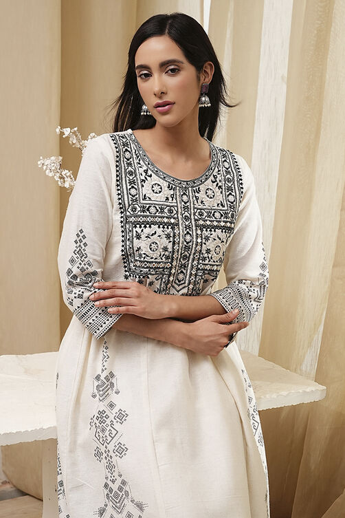 White and Black Cotton Gathered Kurta Set image number 1