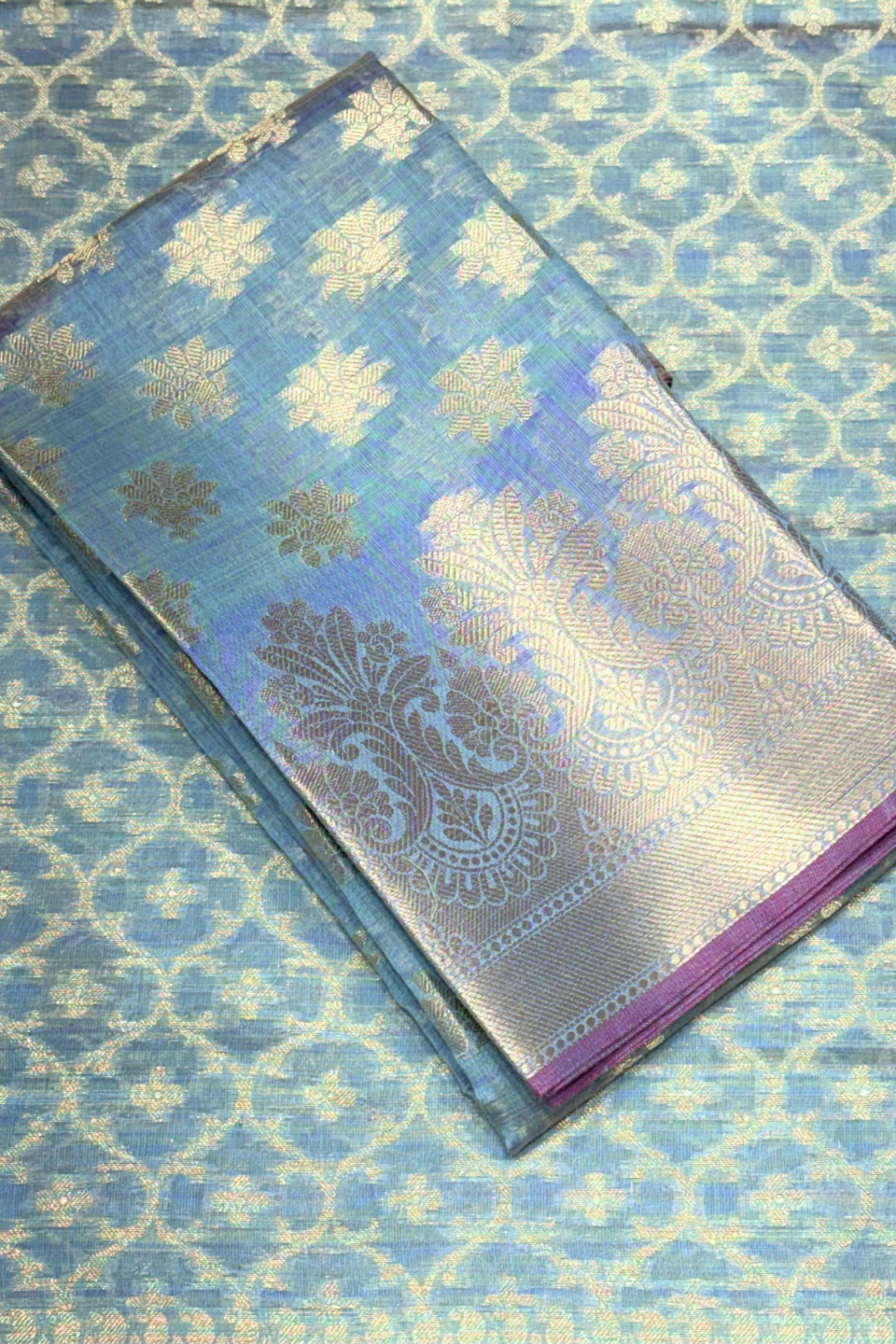 Blue Chanderi Printed Unstitched Suit Set image number 2