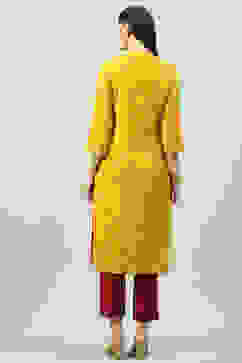 Yellow LIVA Straight Printed Kurta image number 4