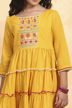Yellow Cotton Tiered Solid Suit Set image number 1