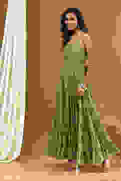 Green Georgette Festive Tiered Anarkali Dress image number 5