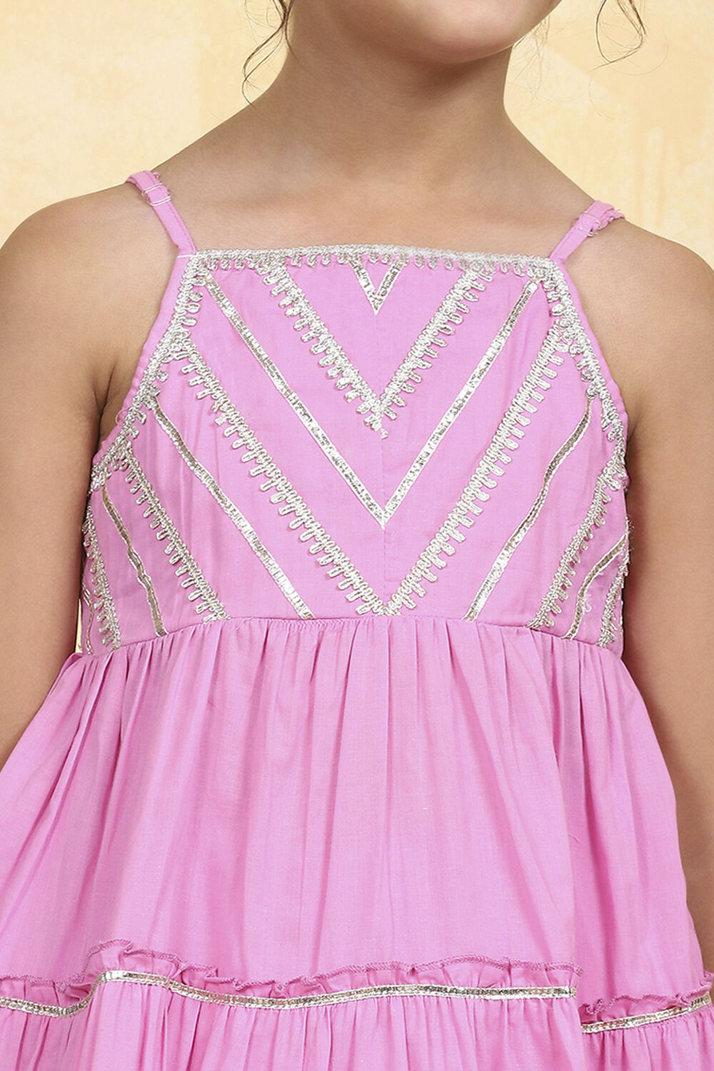 Pink Cotton Solid Tiered Kurta Set image number 1